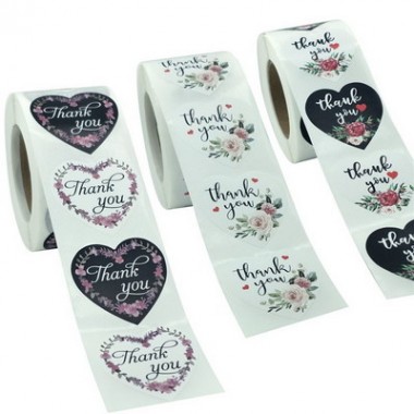 1.5 Inch Wholesale Ready To Ship Printed Heart Shaped Thank You Stickers Floral Label Roll For Supporting My Small Business